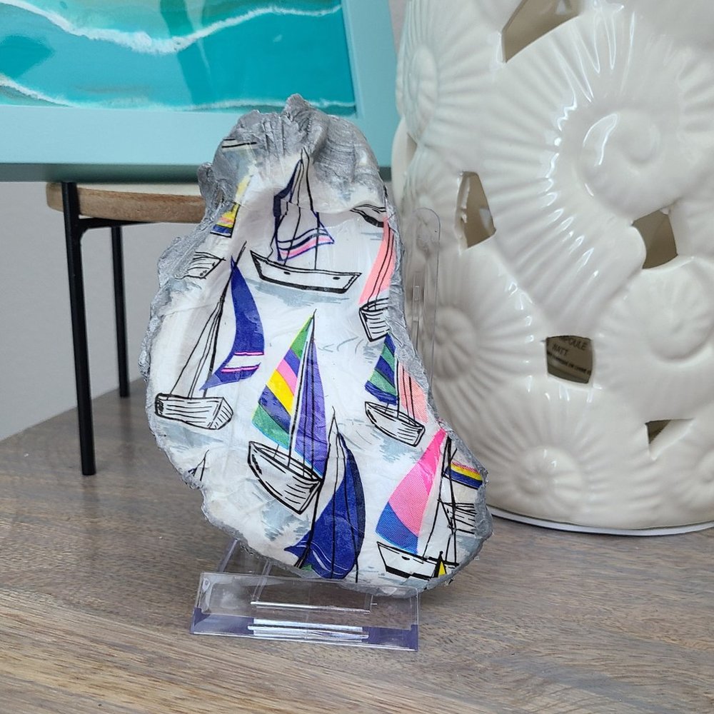 Sailboat Regatta Theme Oyster Shell With Stand, Trinket Dish